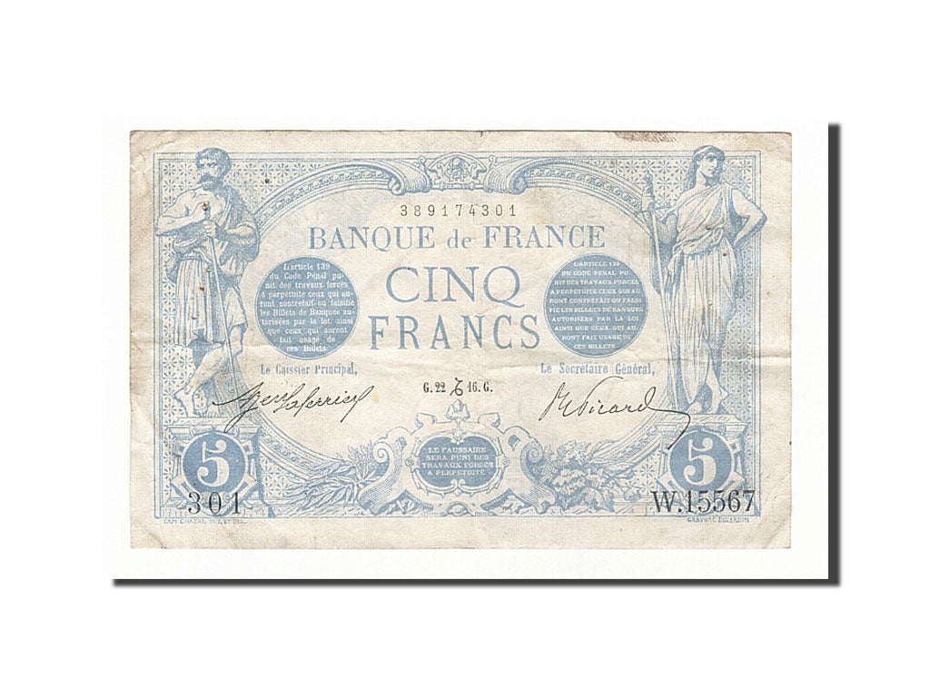 France, 5 Francs, 5 F 1912-1917 ''Bleu'', 1916, KM #70, 1916-12-22, EF(40-45),..