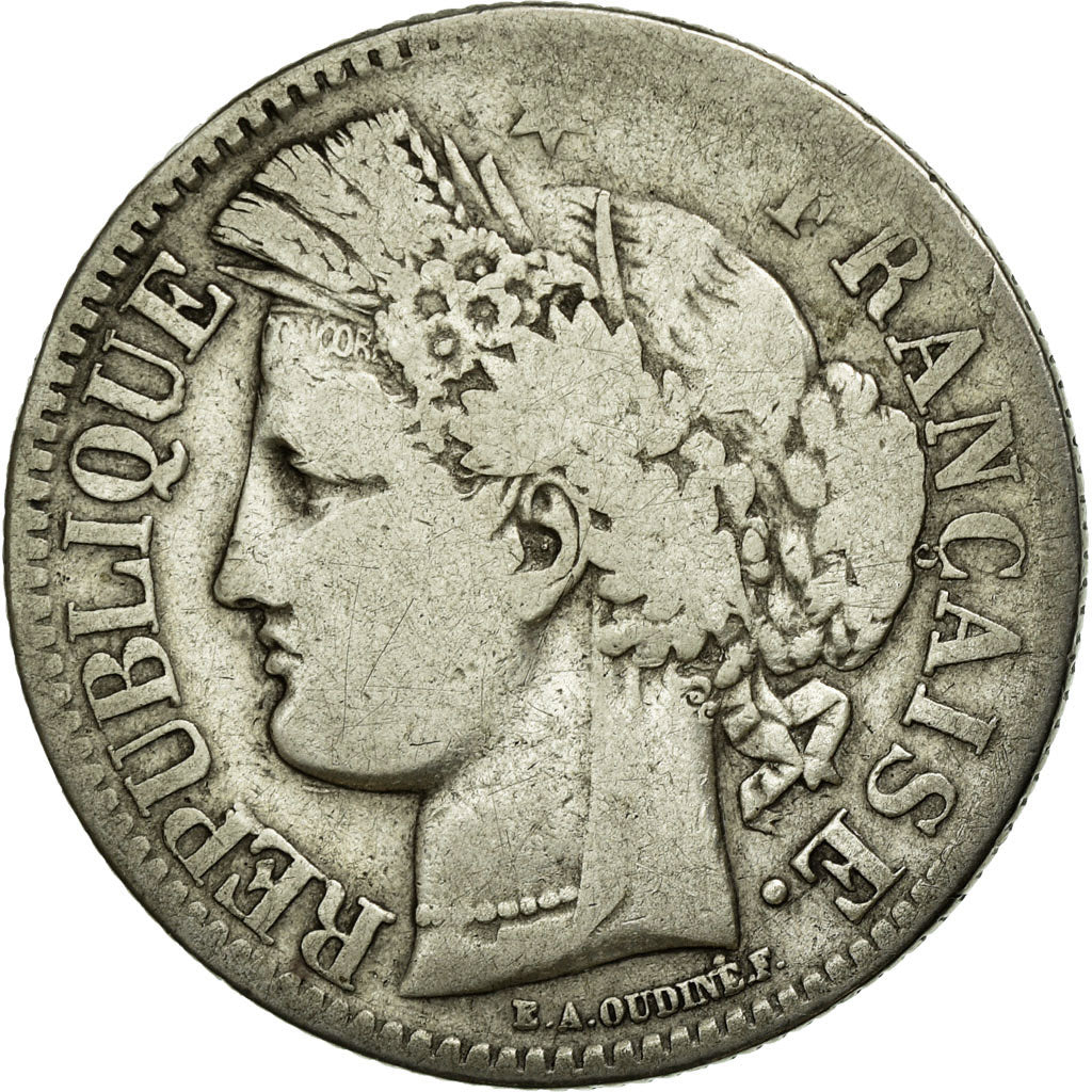 Moneda, Francia, Cérès, 2 Francs, 1871, Bordeaux, BC, Plata, KM:816.2