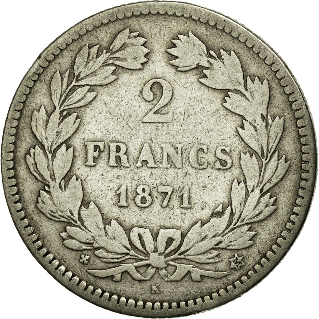 Moneda, Francia, Cérès, 2 Francs, 1871, Bordeaux, BC, Plata, KM:816.2