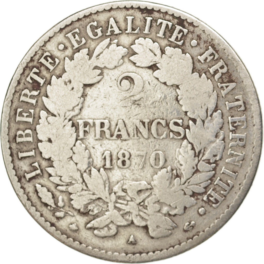 France, Cérès, 2 Francs, 1870, Paris, F(12-15), Silver, KM:817.1, Gadoury:530