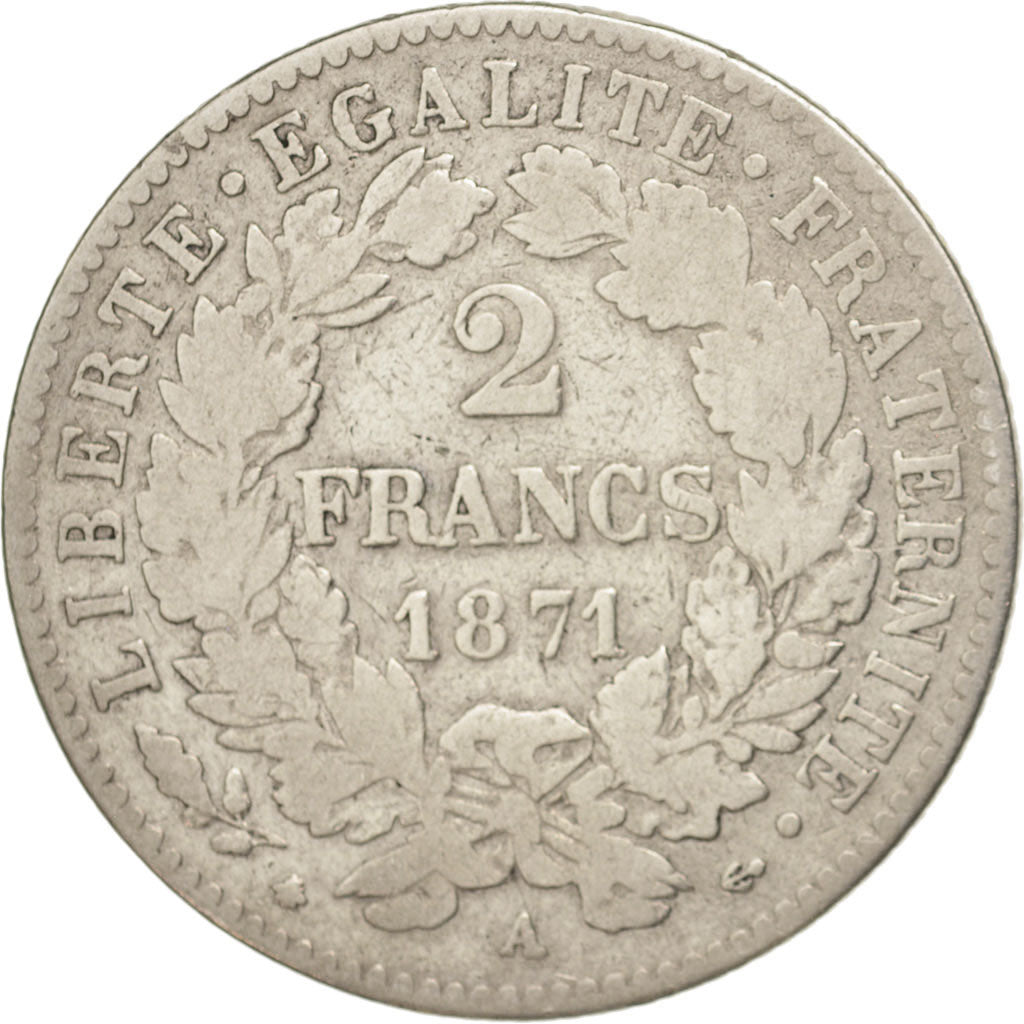 Francia, Cérès, 2 Francs, 1871, Paris, B+, Argento, KM:817.1, Gadoury:530