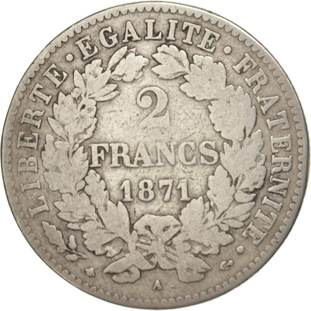 Munten, Frankrijk, Cérès, 2 Francs, 1871, Paris, ZG+, Zilver, KM:817.1