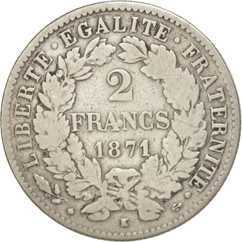 Coin, France, Cérès, 2 Francs, 1871, Bordeaux, F(12-15), Silver, KM:817.2