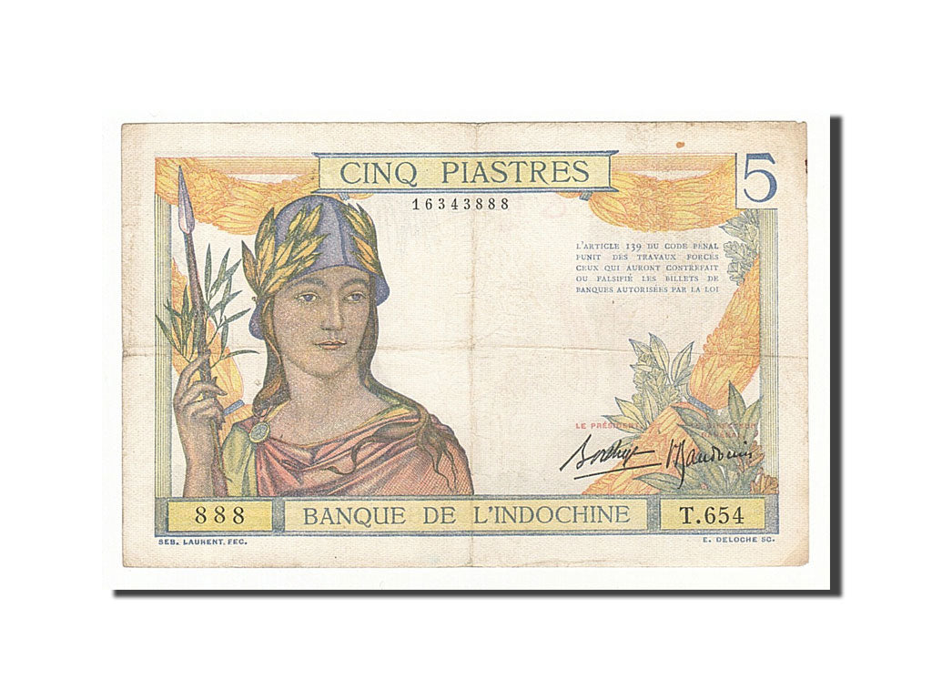 French Indo-China, 5 Piastres, 1936, KM #55b, VF(20-25), T.654