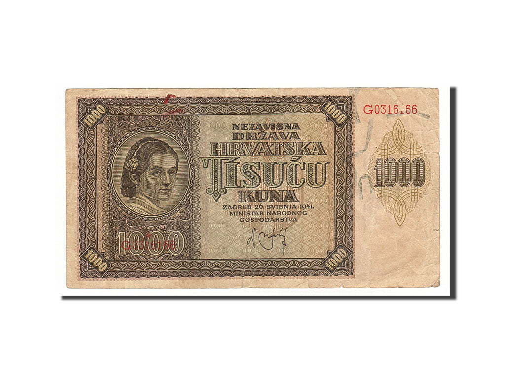 Croatia, 1000 Kuna, 1941, KM #4a, 1941-05-26, VF(30-35), G031666