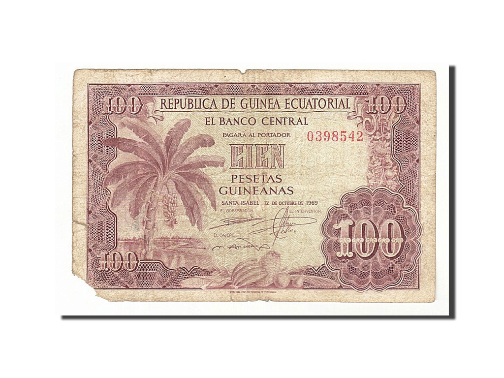Equatorial Guinea, 100 Pesetas Guineanas, 1969, KM #1, 1969-10-12, VG(8-10),...