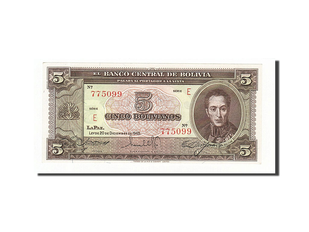 Banknote, Bolivia, 5 Bolivianos, 1945, 1945-12-20, UNC(65-70)