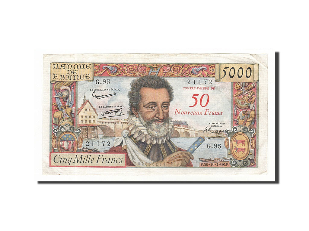 France, 50 Nouveaux Francs on 5000 Francs, 1955-1959 Overprinted with...