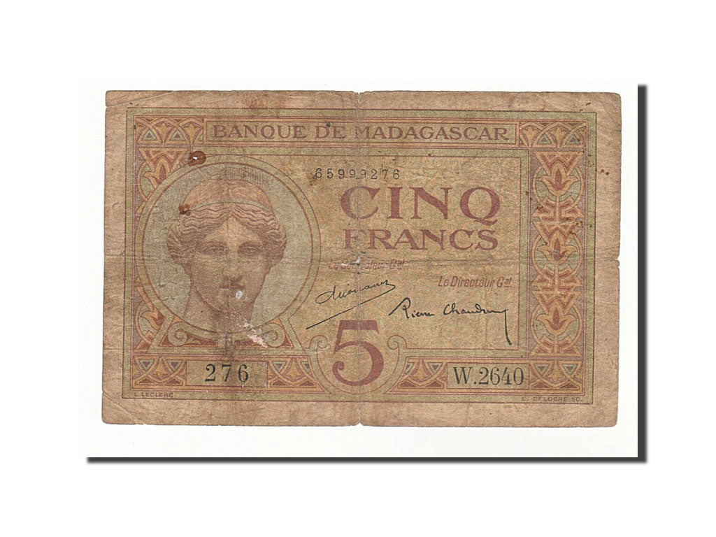 Madagascar, 5 Francs, 1937, KM #35, VG(8-10), W.2640
