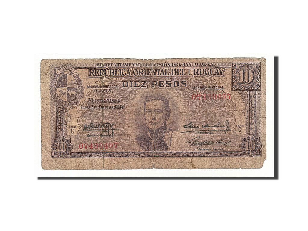 Banknote, Uruguay, 10 Pesos, 1939, VG(8-10)