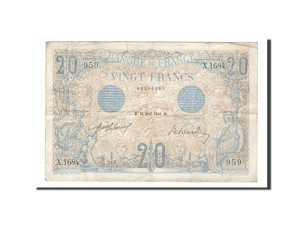 Billete, Francia, 20 Francs, 20 F 1905-1913 ''Bleu'', 1912, 1912-04-25, BC+
