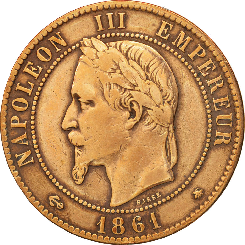 France, Napoleon III, 10 Centimes, 1861, Paris, VF(20-25), Bronze, KM 798.1