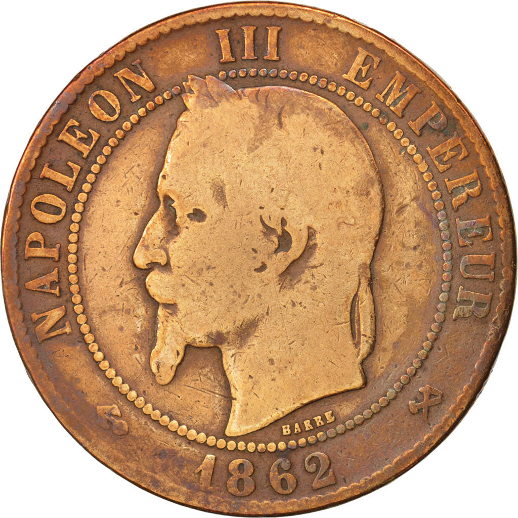 France, Napoleon III, 10 Centimes, 1862, Bordeaux, B+,Bronze,KM798.3, Gadoury253