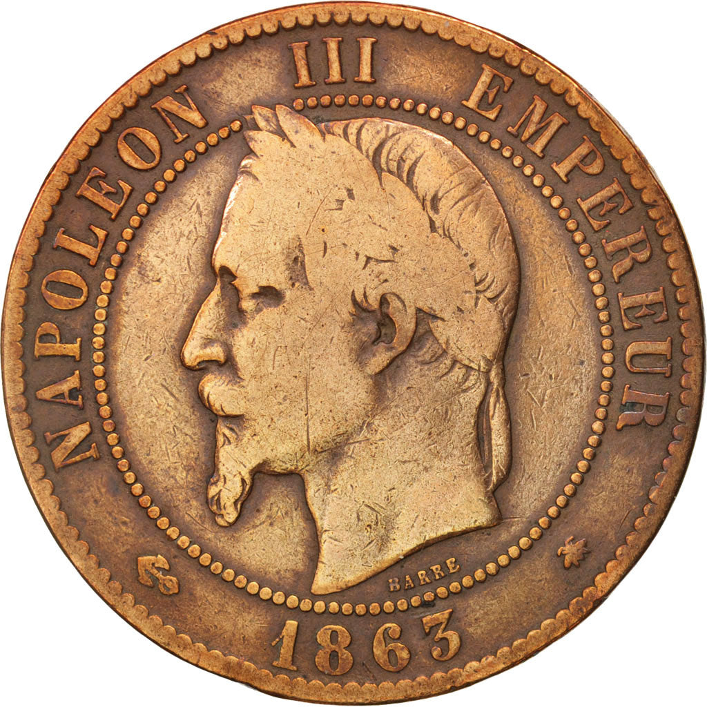 France, Napoleon III, 10 Centimes, 1863, Paris, F(12-15), Bronze, KM 798.1