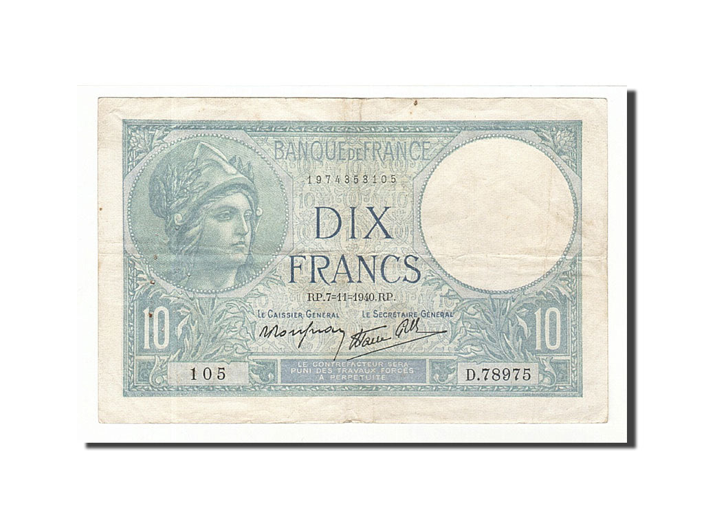 Algeria, 20 Francs, 10 F 1916-1942 ''Minerve'', 1940, KM #92A, 1940-11-07,...