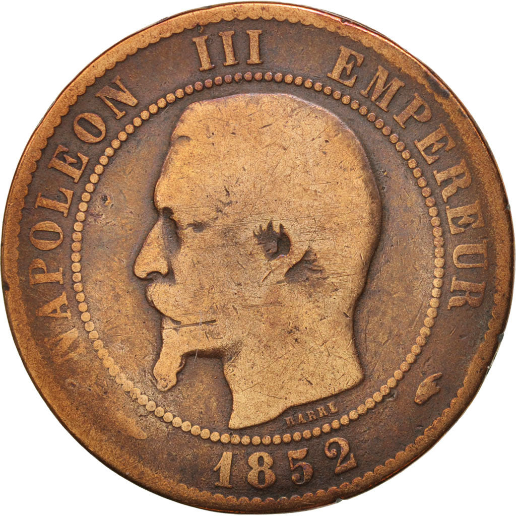 France, Napoleon III, 10 Centimes, 1852, Paris, VG(8-10), Bronze, KM 771.1