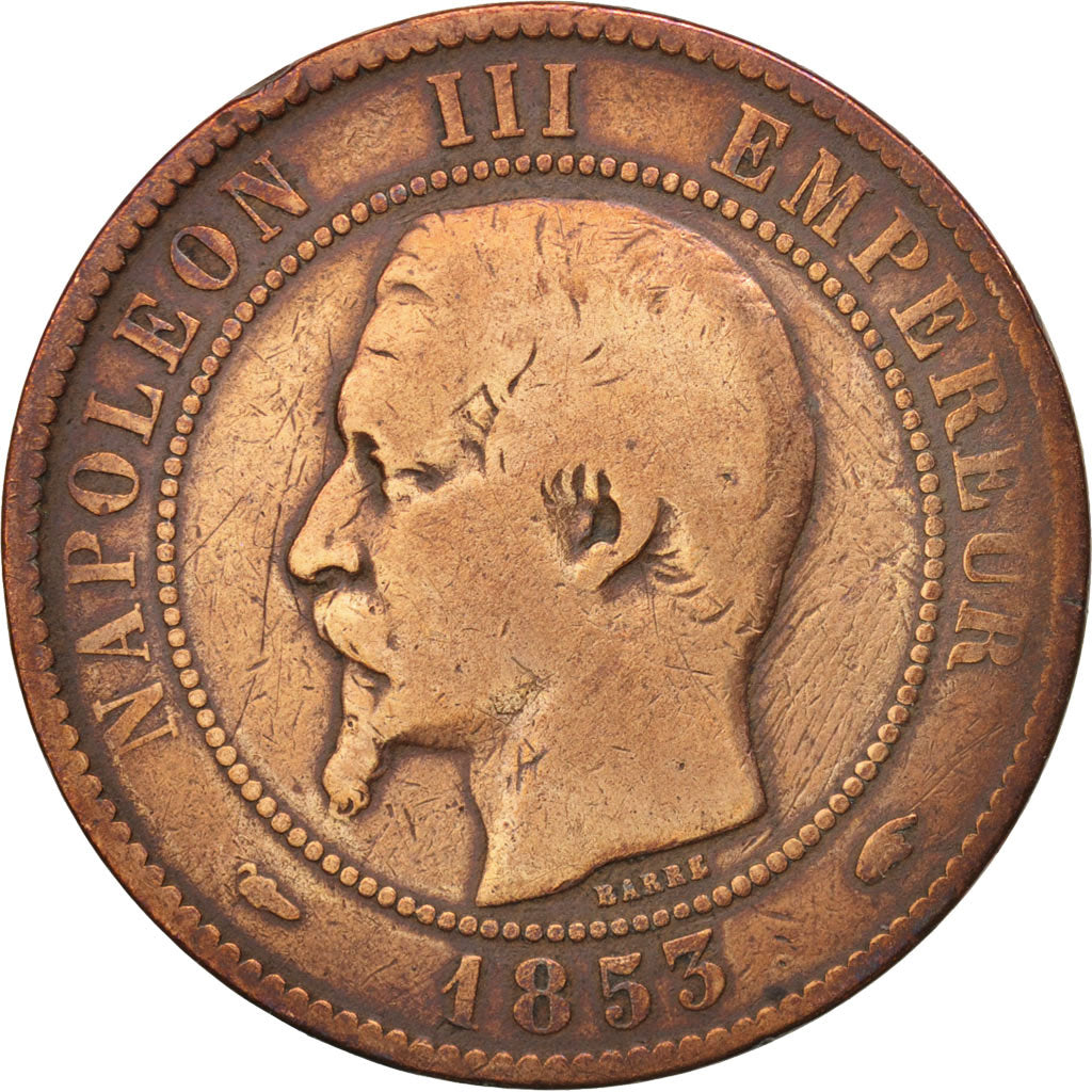 France, Napoleon III, 10 Centimes, 1853, Paris, VF(20-25), Bronze, KM 771.1