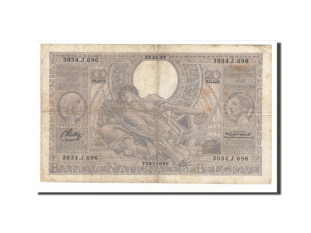 Banknote, Belgium, 100 Francs-20 Belgas, 1937, 1937-01-28, KM:107, VF(20-25)