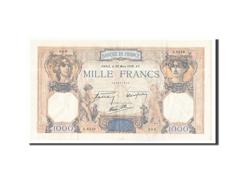 Banknote, France, 1000 Francs, 1939, 1939-03-30, AU(50-53), Fayette:38.35