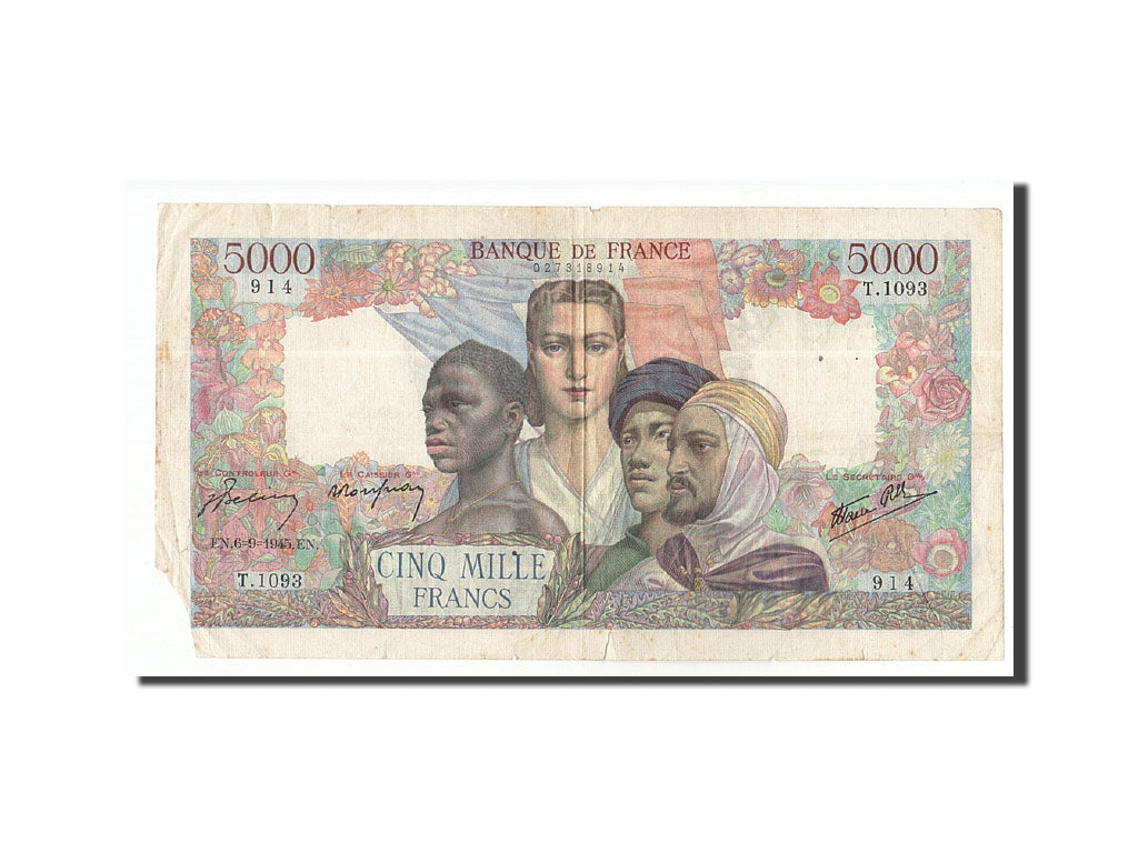 FRANCE, 5000 Francs, 1945, KM:103c, 1945-09-06, VF(20-25), T.1093, Fayette:47.42