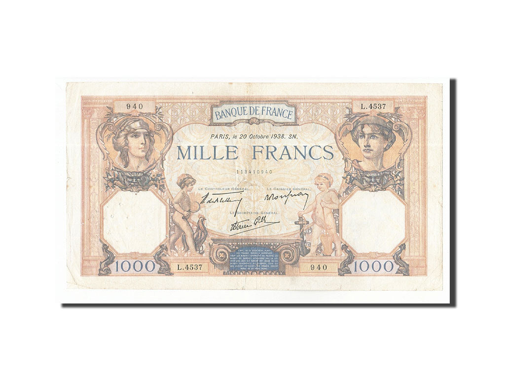 FRANCE, 1000 Francs, 1938, KM:90c, 1938-10-20, VF(20-25), L.4537, Fayette:38.30