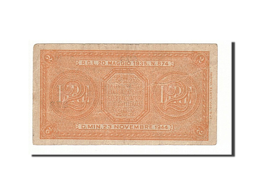 Italy, 2 Lire, 1944, KM:30a, 1944-11-23, VF(30-35), 078 087612