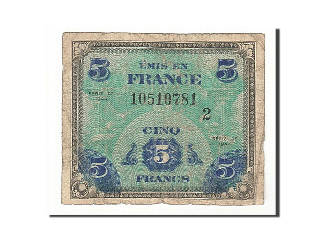 FRANCE, 5 Francs, 1944, KM:115b, 1944-06-06, B+, 10510781, Fayette:VF17.2