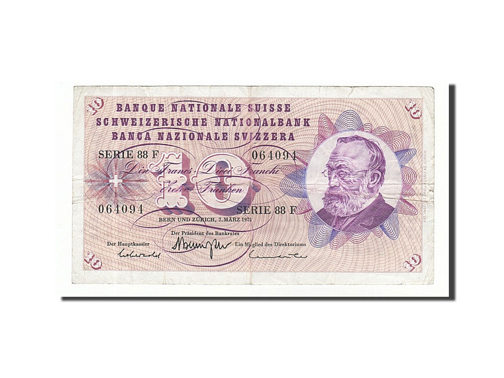 Switzerland, 10 Franken, 1973, KM:45s, 1973-03-07, VF(20-25)