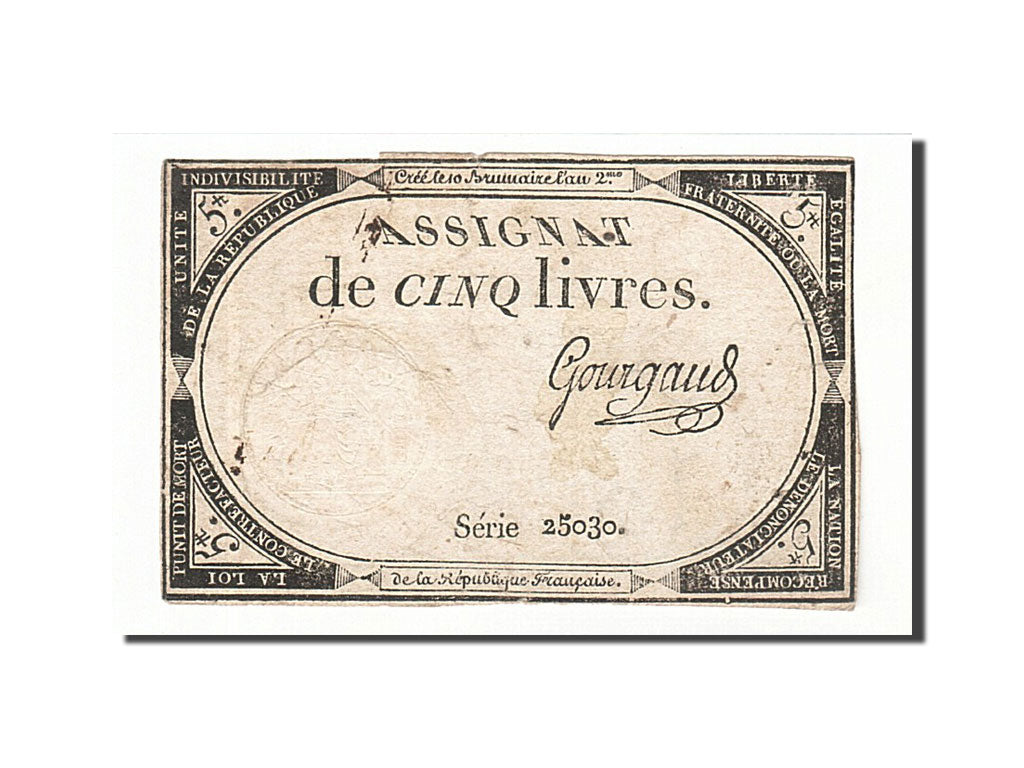 Banconote, Francia, 5 Livres, 1793, 1793-10-31, MB, KM:A76, Lafaurie:171