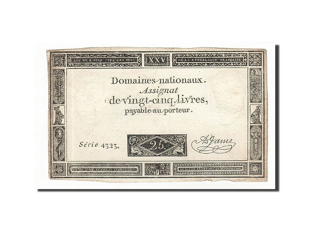 Banknote, France, 25 Livres, 1793, 1793-06-06, VF(20-25), KM:A71, Lafaurie:168