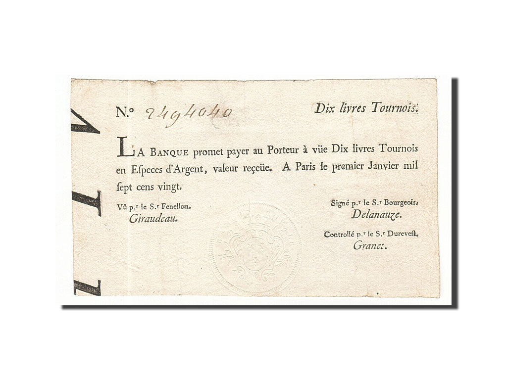 Banconote, Francia, 10 Livres, 1720, 1720-01-01, BB, KM:A16b, Lafaurie:89