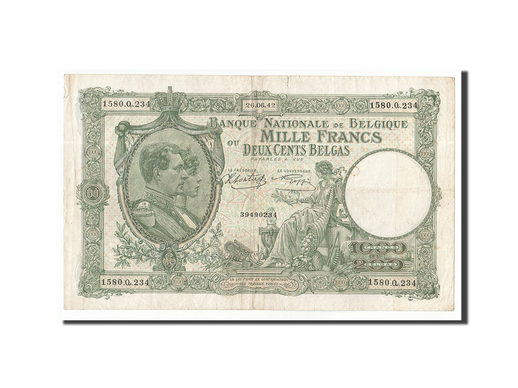 Belgien, 1000 Francs-200 Belgas, 1942, KM:110, 1942-06-26, EF(40-45)