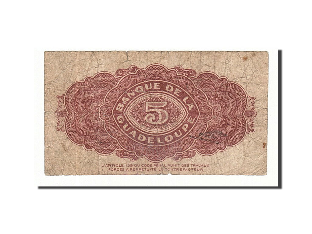 Guadeloupe, 5 Francs, 1942, Undated, KM:21b, F(12-15)