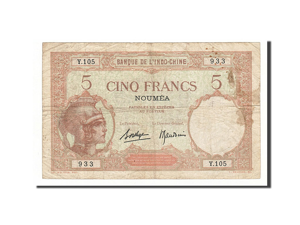 New Caledonia, 5 Francs, 1926-1929, Undated (1926), KM:36b, VF(20-25)