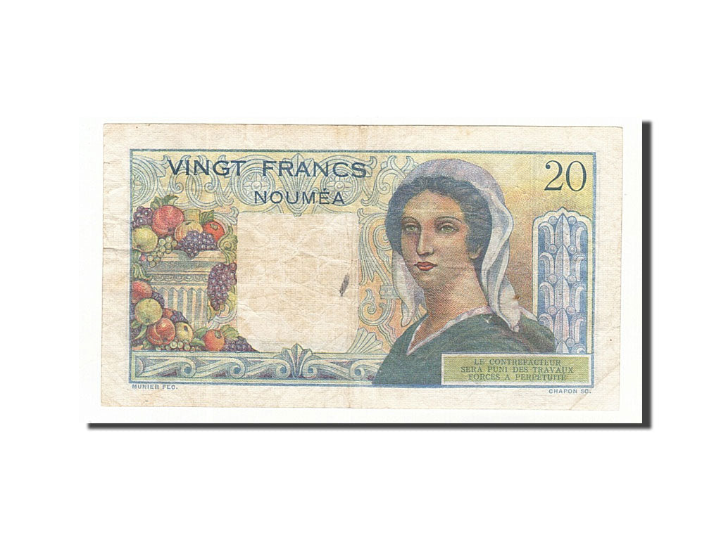 New Caledonia, 20 Francs, 1951, KM:50b, Undated (1954-1958), TTB