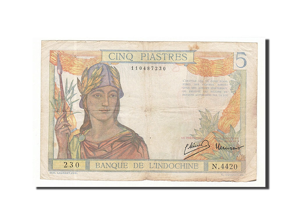 FRENCH INDO-CHINA, 5 Piastres, 1932-1939, Undated (1946), KM:55c, VF(30-35)