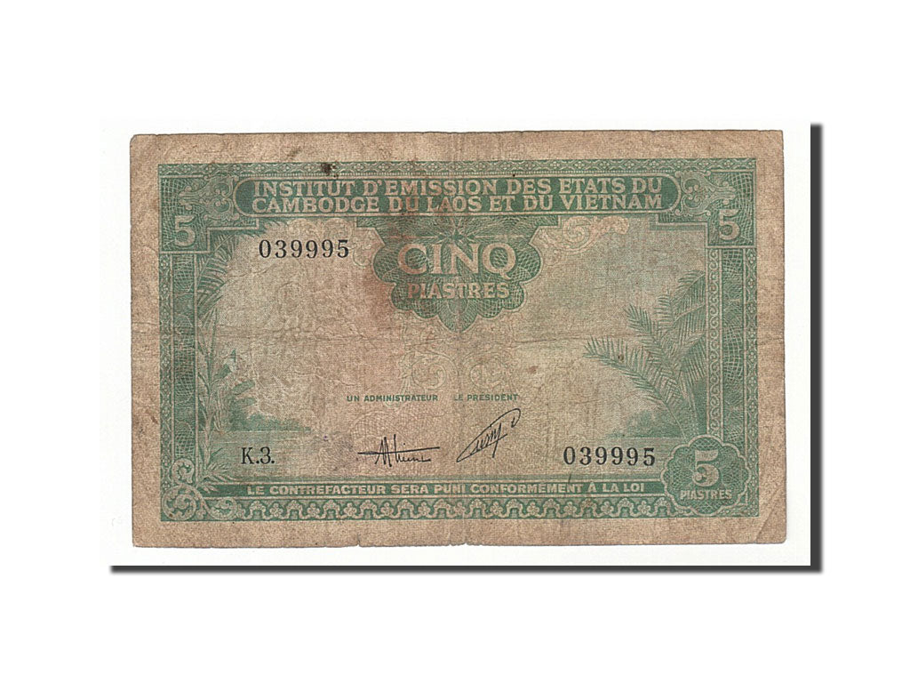 FRENCH INDO-CHINA, 5 Piastres = 5 Dong, 1953-1954, Undated (1953), KM:106, VF...
