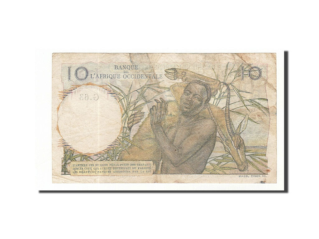 French West Africa, 10 Francs, 1943-1948, KM:37, 1949-09-28, TB+