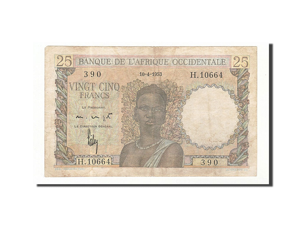 Banknote, French West Africa, 25 Francs, 1943-1948, 1953-04-10, KM:38, VF(30-35)