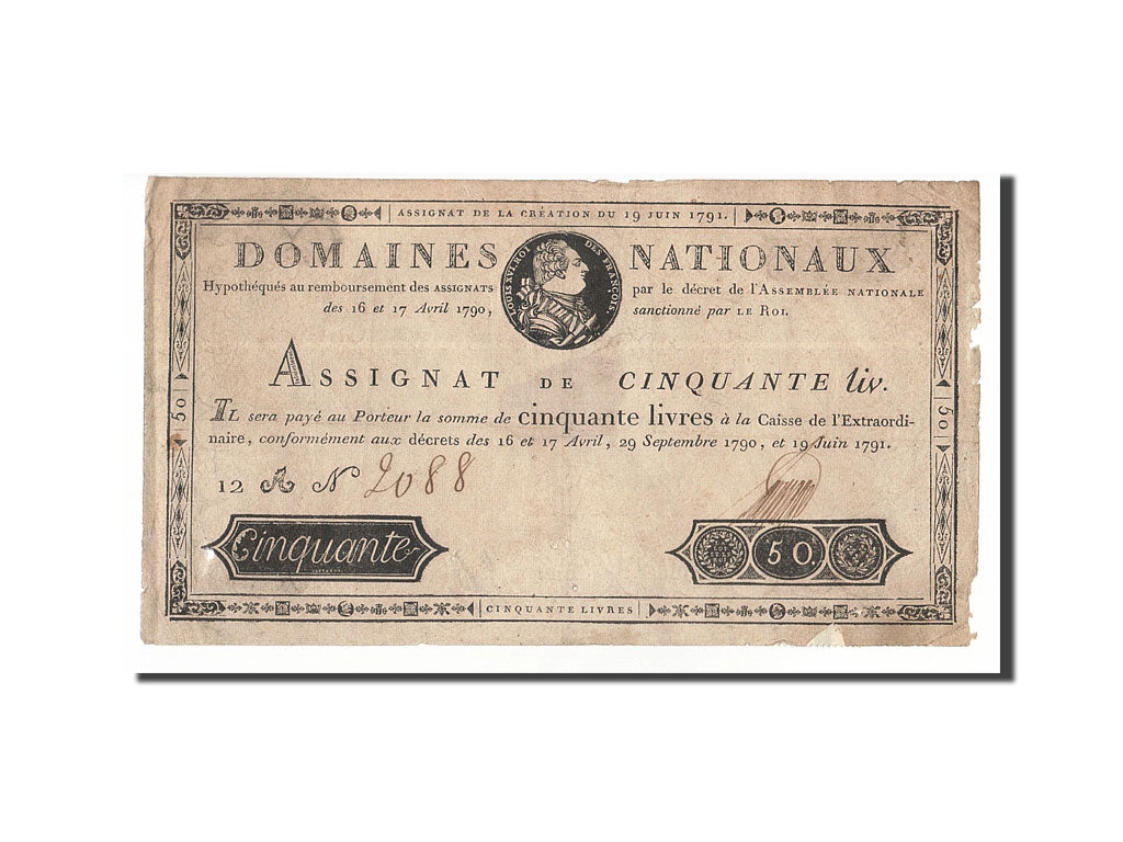 France, 50 Livres, 1791, KM:A43, 1791-06-19, VF(20-25), Lafaurie:138