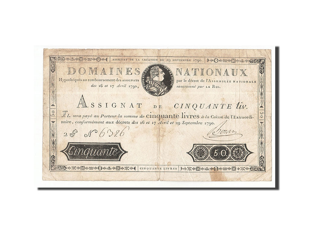 France, 50 Livres, 1790, KM:A34, 1790-09-29, VF(20-25), Lafaurie:129