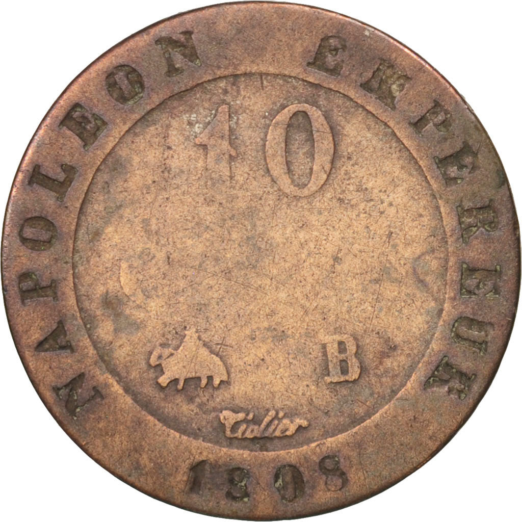France, Napoléon I, 10 Centimes, 1808, Rouen, VG(8-10), Billon, KM:676.2