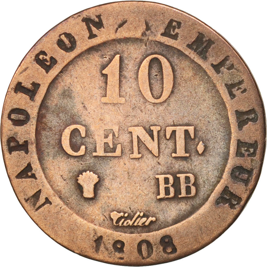 France, Napoléon I, 10 Centimes, 1808, Strasbourg, VF(20-25), Billon, KM:676.3