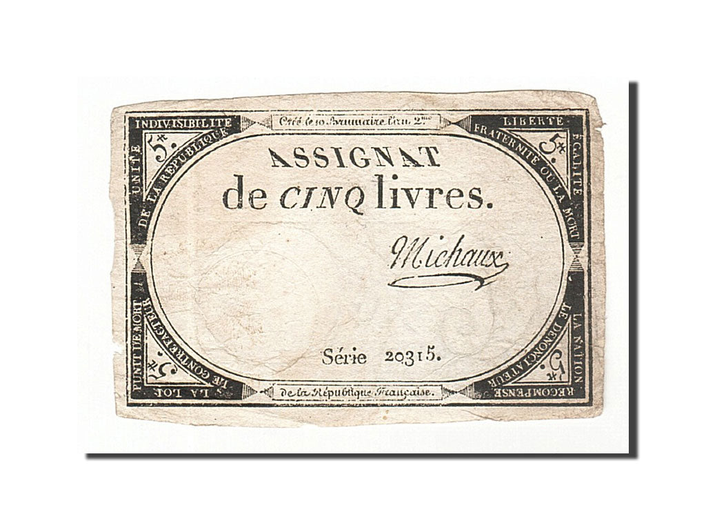 France, 5 Livres, 1793, 1793-10-31, Michaux, KM:A76, TB+, Lafaurie:171