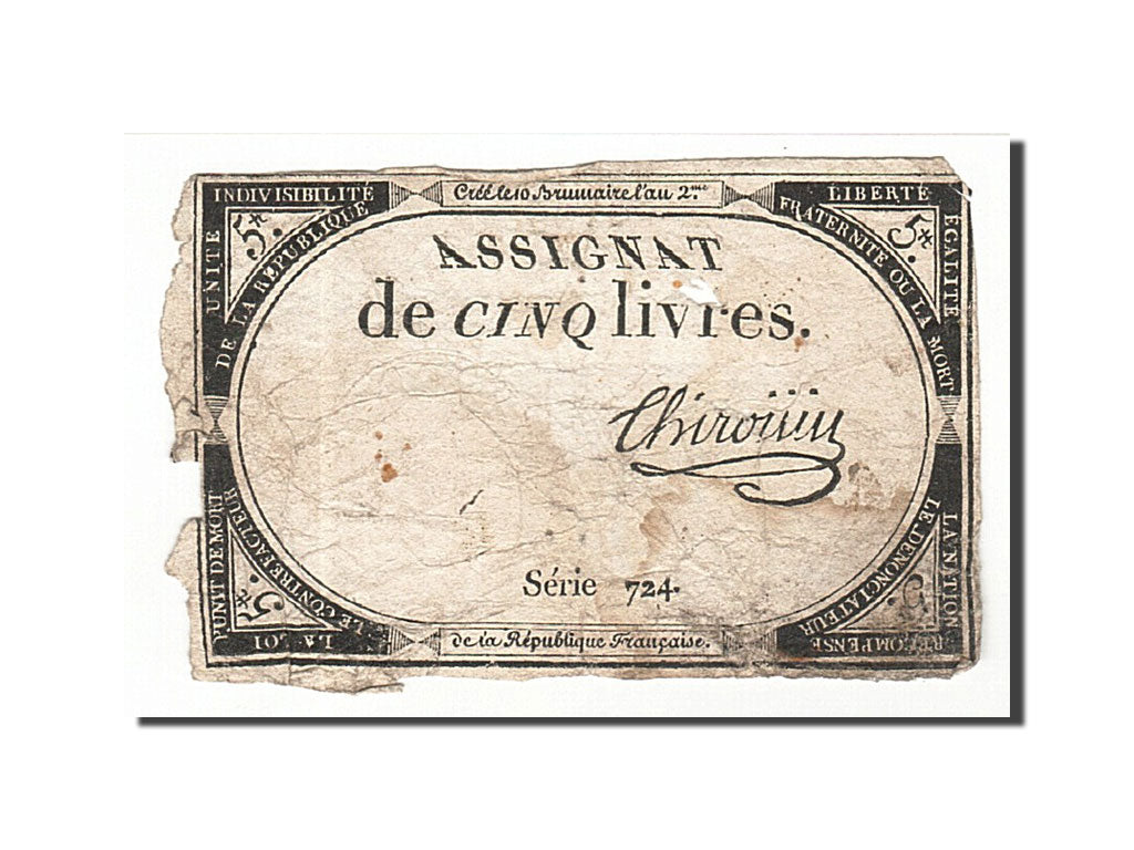 Banknote, France, 5 Livres, 1793, 1793-10-31, VG(8-10), KM:A76, Lafaurie:171