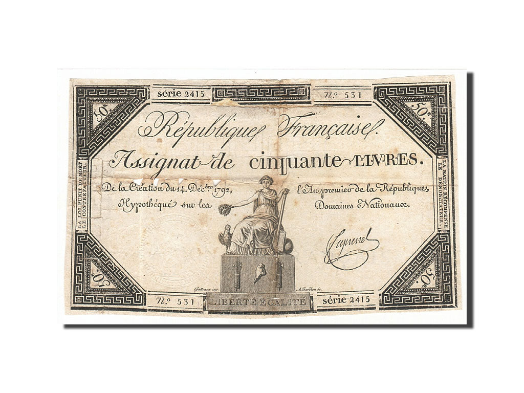 Banknote, France, 50 Livres, 1792, 1792-12-14, F(12-15), KM:A72, Lafaurie:164