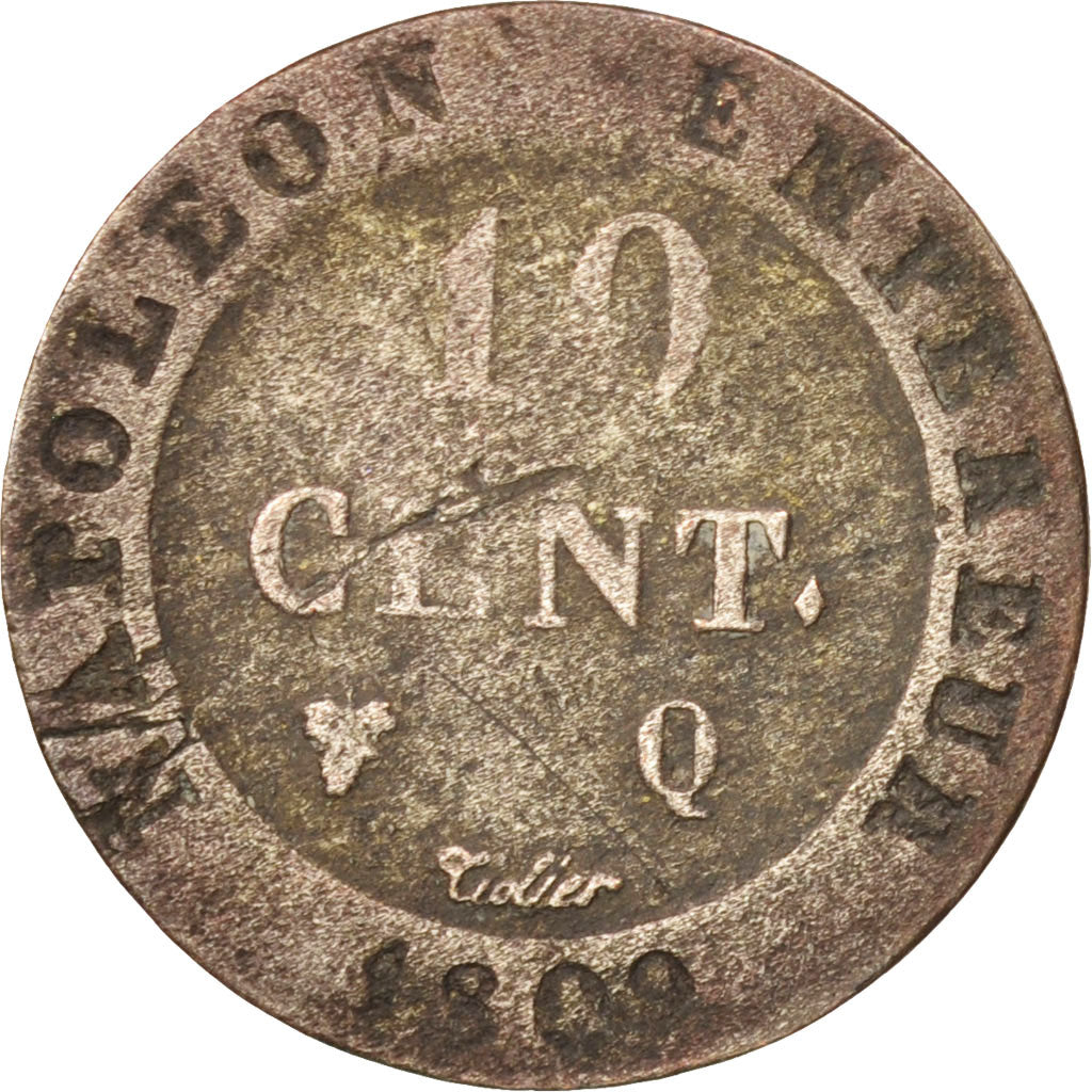 France, Napoléon I, 10 Centimes, 1809, Perpignan, B+, Billon,KM:676.7,Gadoury190