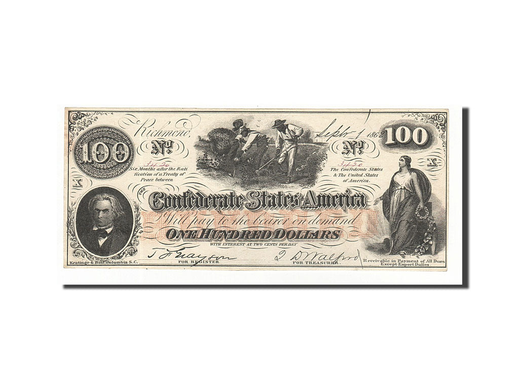 Banknote, Confederate States of America, 100 Dollars, 1862, 1862-08-26, KM:45