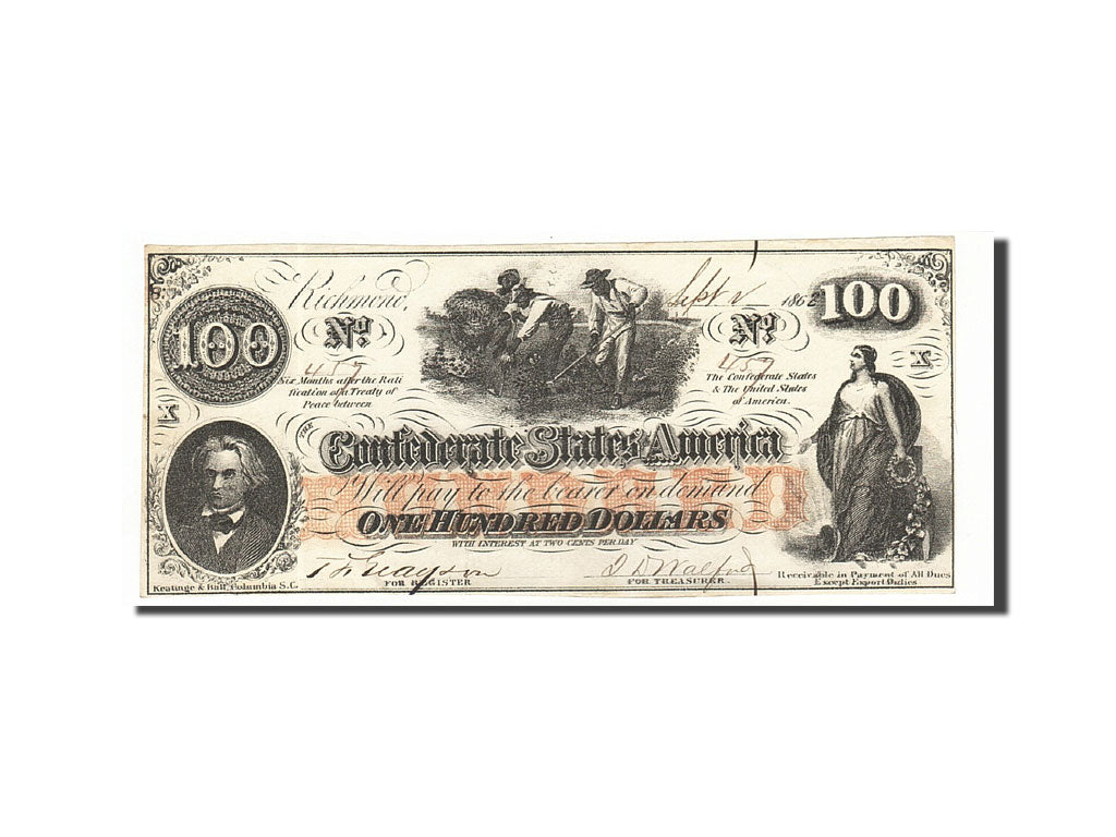 Confederate States of America, 100 Dollars, 1862, KM:45, 1862-08-26, AU(55-58)