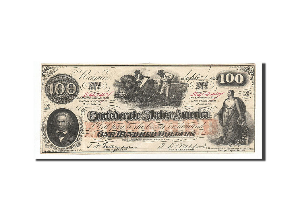 Banknote, Confederate States of America, 100 Dollars, 1862, 1862-08-26, KM:45